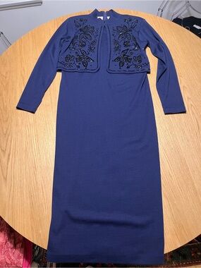Liz Claiborne Vintage Navy Long Sleeve Midi Dress with Attached Beaded Bolero